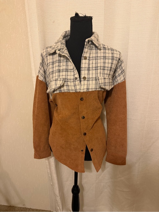 Unknown Jackets & Blazers - Two-Tone Plaid Yoke Corduroy Utility Jacket in Cream and Brown